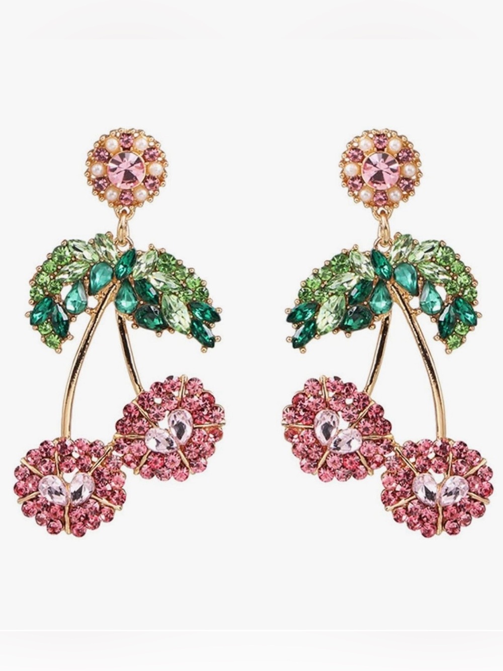 #3059**nOir Jewelry Pink & Green Crystal Cherry Drop Earrings